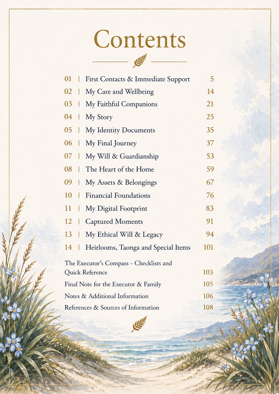 Table of contents with a scenic background of a beach and ocean.
