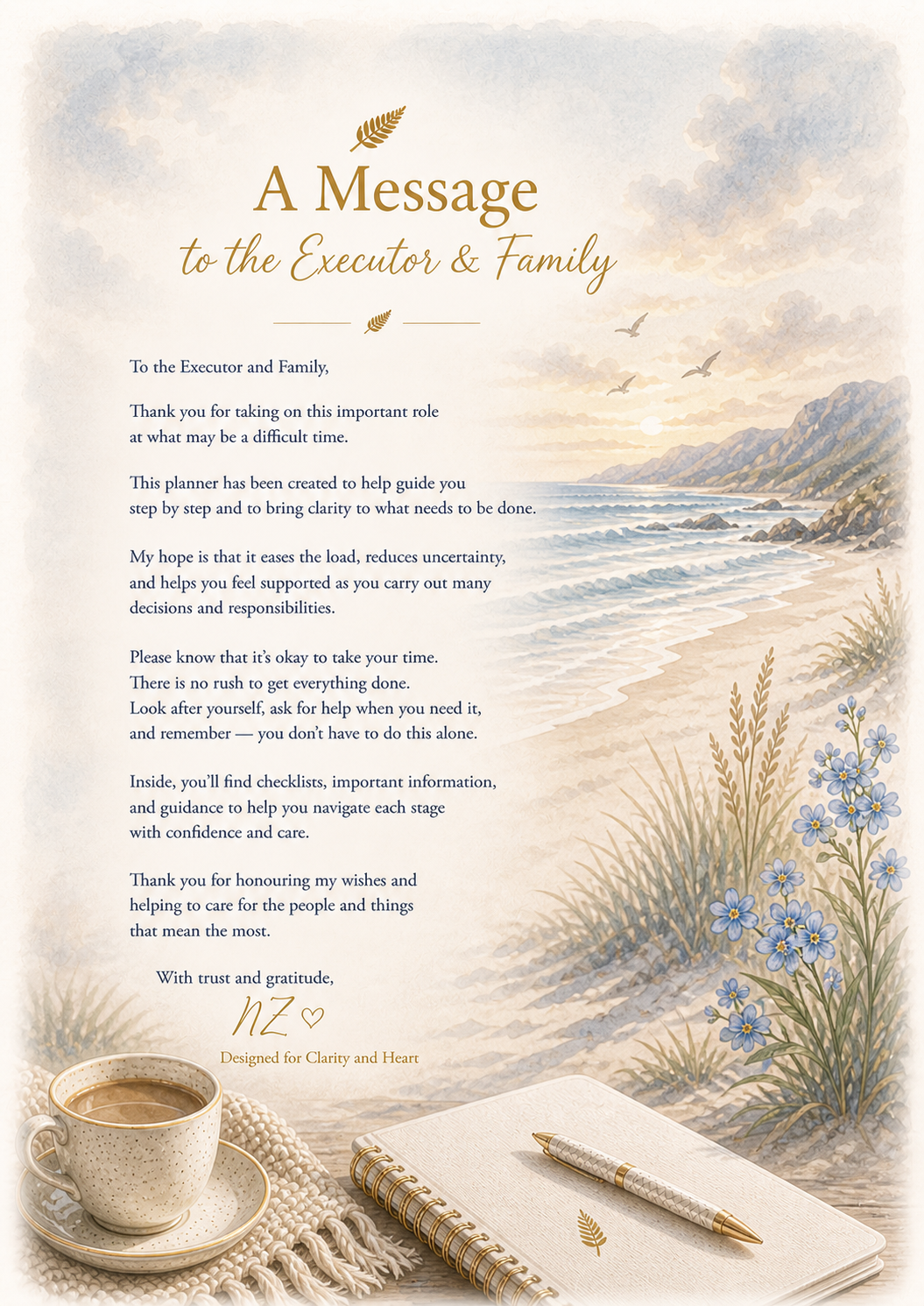 Message to the Executor & Family with a scenic beach background, cup of coffee, and pen.