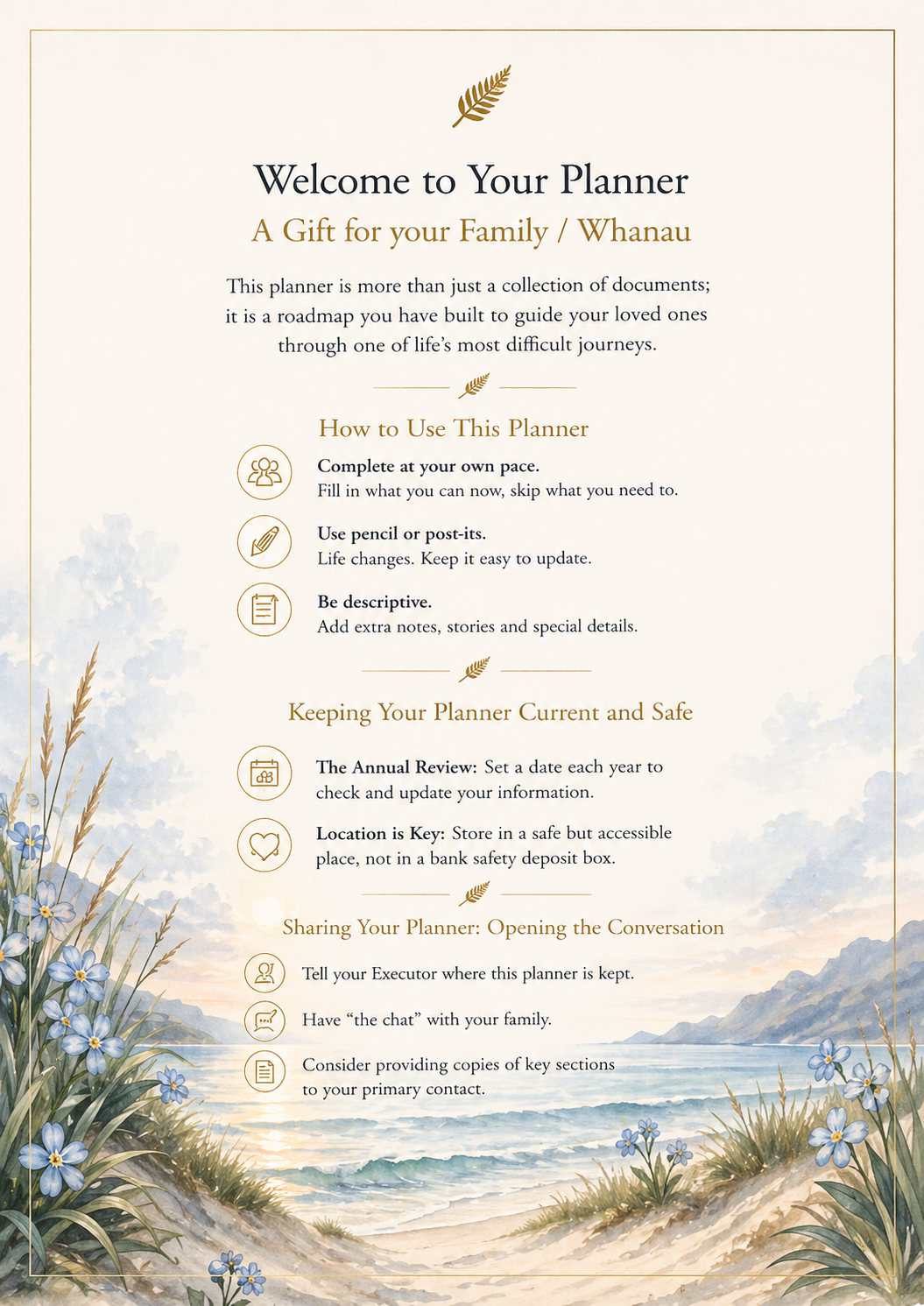 Welcome to your planner. A gift for Whanua / Family.